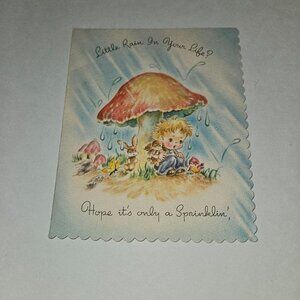 VTG Get Well Greeting Card Boy Mushroom Rain Animal Scalloped Edges Harry Doehla